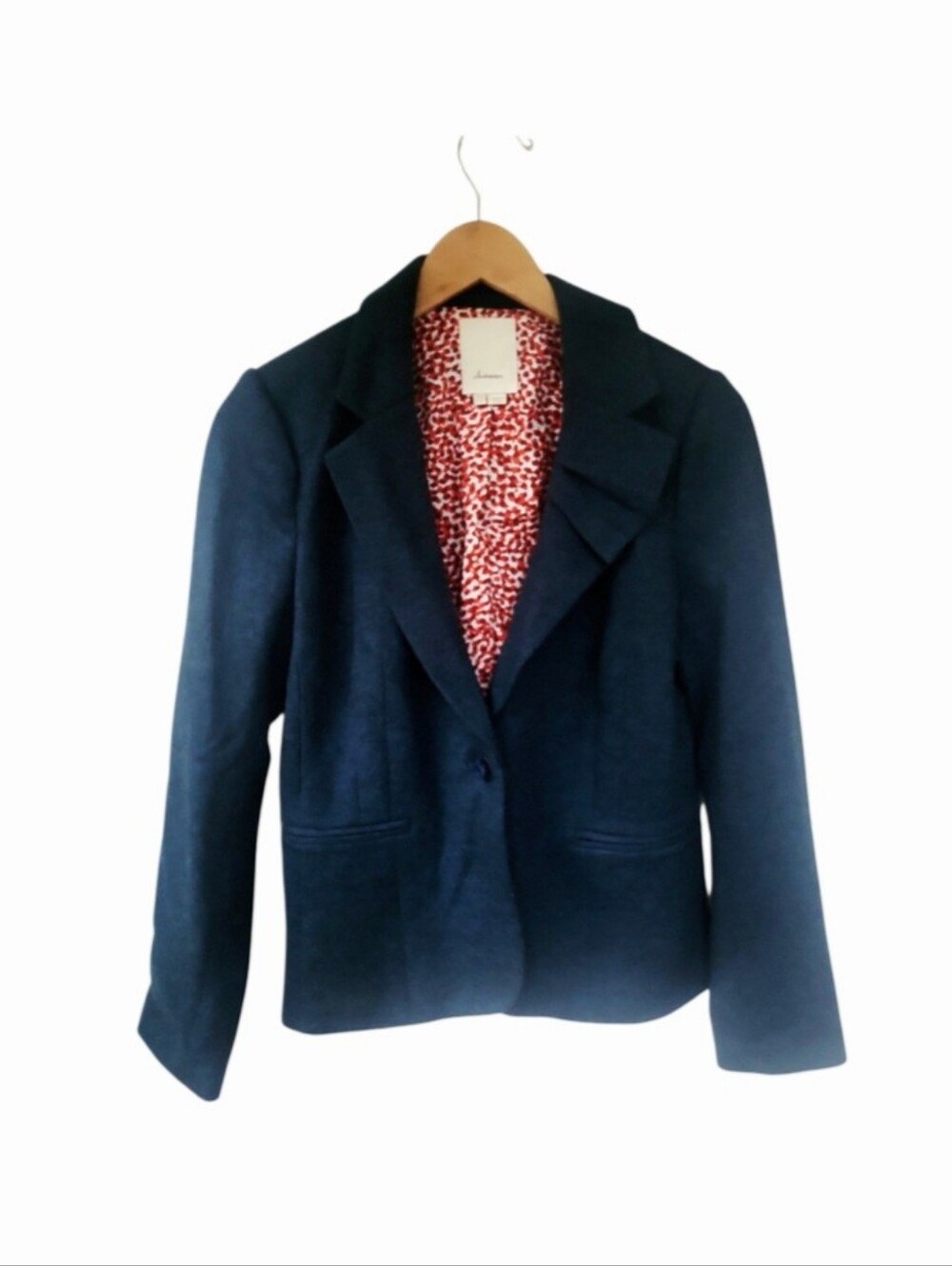 Anthropologie Elevenses Blue Green Heathered Wool Blend Ruffle Collar Blazer 8
